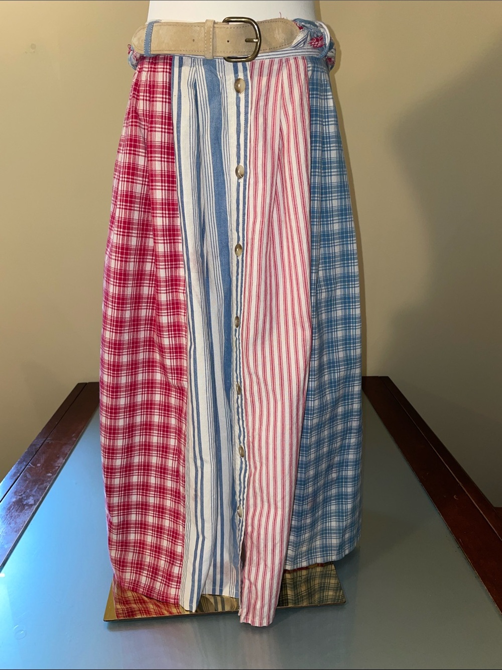 Vintage Button-Front Patchwork Maxi Skirt in Red, Blue, and White - Picture 1 of 7